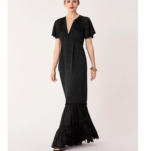 DVF Diane von Furstenberg Josefine black burnout gown ruffle long maxi dress 0